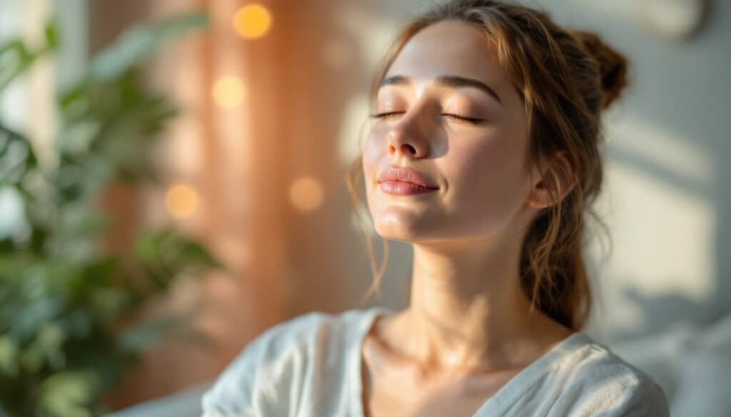 mujer relajandose y respirando profundamente en un ambiente tranquilo